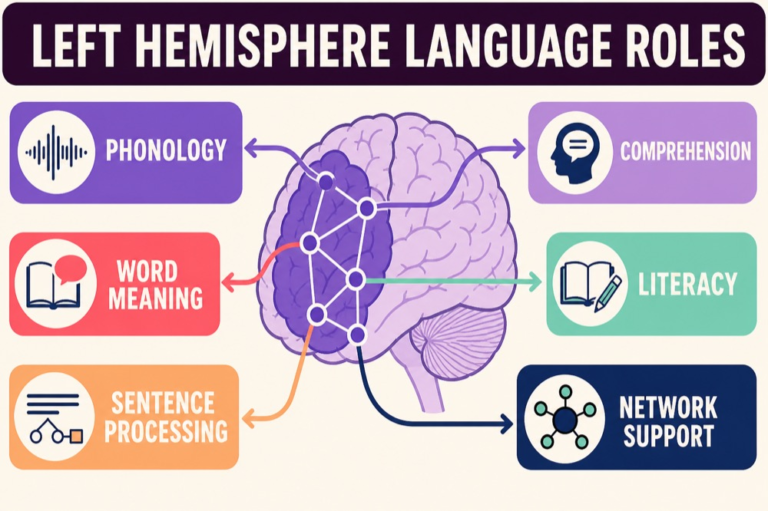 Left hemisphere language study map connecting frontal, posterior temporal, temporo-parietal, and distributed network roles