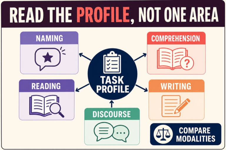 Task profile infographic comparing naming, comprehension, reading, writing, and discourse rather than one brain-area label
