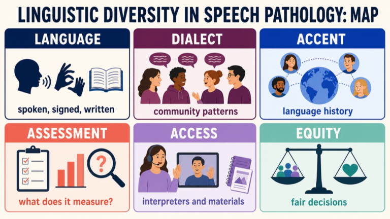 Linguistic diversity in speech pathology map connecting language, dialect, accent, assessment, access, family, and equity