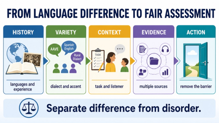 Linguistic diversity reasoning infographic comparing language history, dialect, assessment evidence, interpreter access, listener bias, and equity