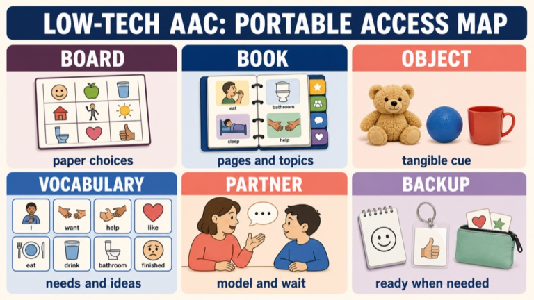 Low-tech AAC map connecting boards, books, objects, vocabulary, access, partner modeling, portability, and backup use