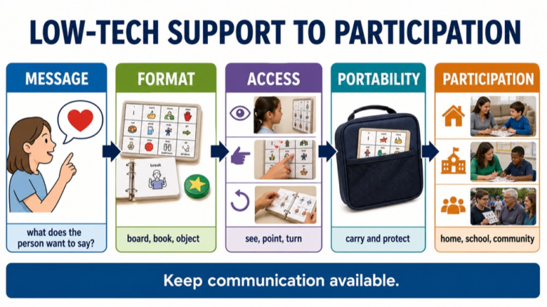 Low-tech AAC reasoning infographic comparing message, format, access, portability, partner support, backup, and participation