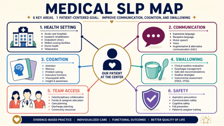 Medical speech-language pathology map connecting health setting, communication, swallowing, cognition, team access, and safety