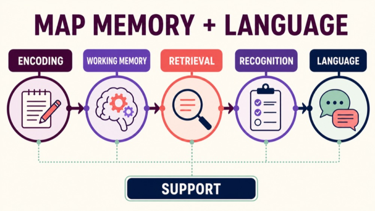 Memory and language map connecting encoding, working memory, retrieval, recognition, language representation, and support