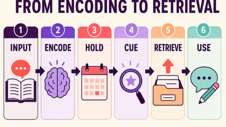 Memory-language reasoning infographic comparing input, encoding, delay, cue, retrieval, and functional use