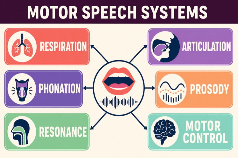 Motor speech anatomy map connecting respiration, phonation, resonance, articulation, prosody, motor planning, and feedback