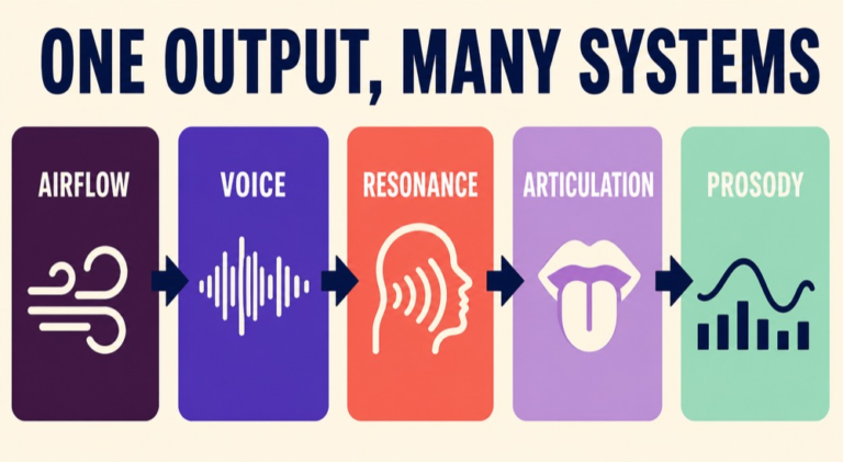Motor speech reasoning infographic comparing respiratory, phonatory, resonatory, articulatory, prosodic, and planning clues