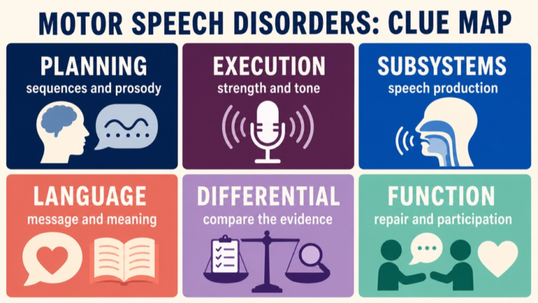 Motor speech disorders map connecting planning, execution, speech subsystems, language, differential reasoning, and function