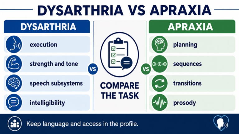 Motor speech comparison infographic contrasting dysarthria execution clues, apraxia planning clues, language, task, and access