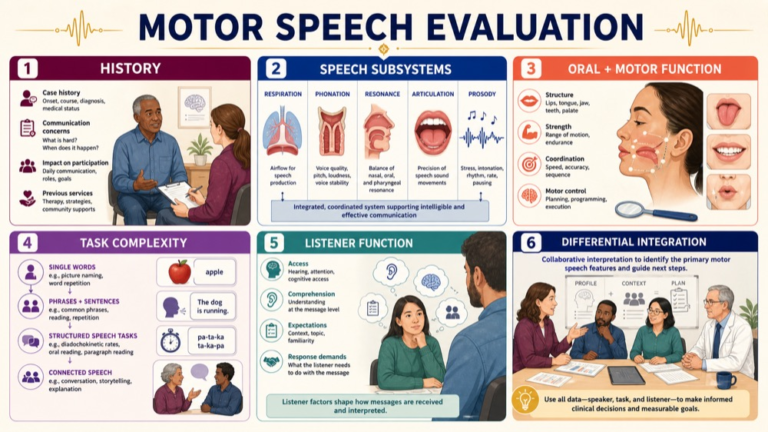 Motor speech evaluation map connecting history, speech subsystems, oral motor function, task complexity, listener access, and differential integration