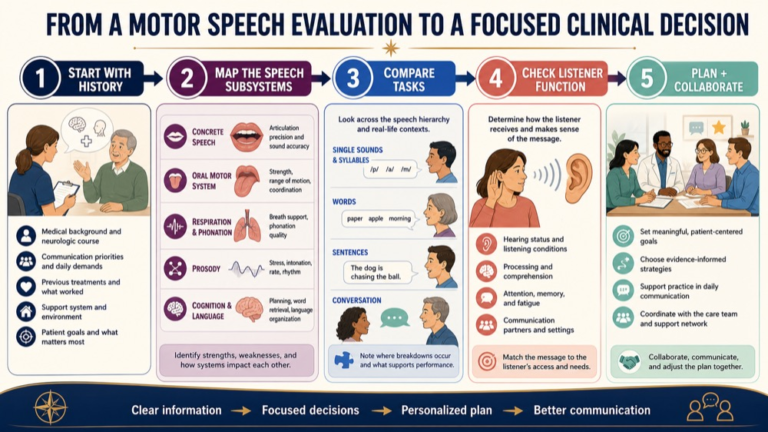 Motor speech evaluation infographic showing the path from connected speech evidence to a focused clinical decision