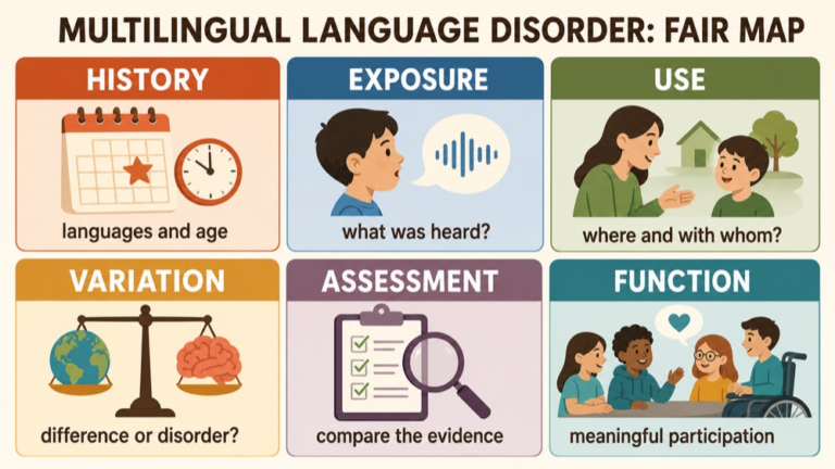 Multilingual language disorder map connecting language history, exposure, use, cross-linguistic patterns, assessment, and function