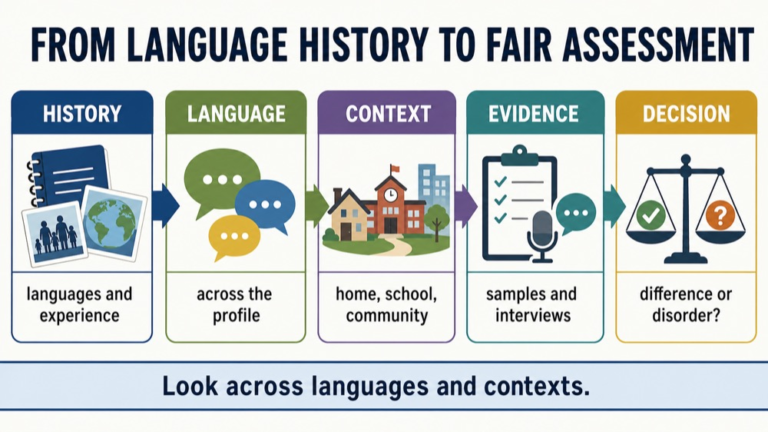Multilingual assessment infographic comparing language history, home, school, samples, family goals, and difference versus disorder