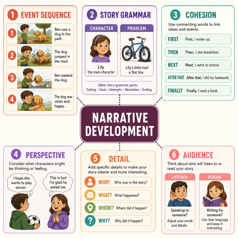 Narrative development map connecting sequence, story grammar, cohesion, perspective, detail, and audience