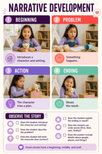 Narrative development context map comparing personal story, retell, audience, visual support, and participation