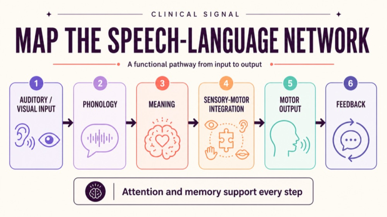 Speech and language network map connecting perceptual input, phonology, meaning, sensory motor integration, motor output, and feedback