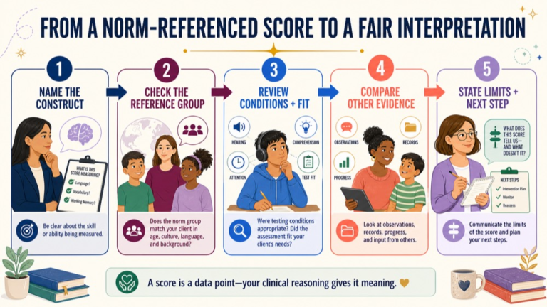 Norm-referenced assessment infographic showing the path from a comparison score to a fair clinical interpretation