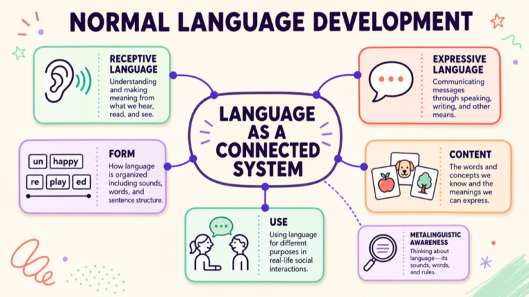 Normal language development map connecting receptive language, expressive language, language domains, pragmatics, and metalinguistic awareness