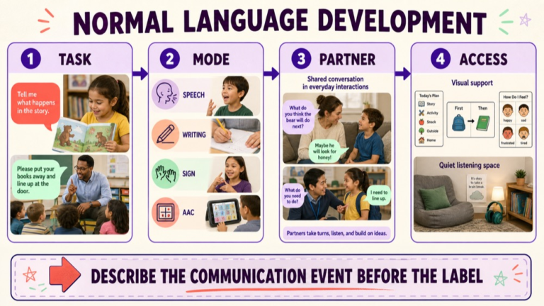 Language development context map comparing task, modality, partner, access, and participation