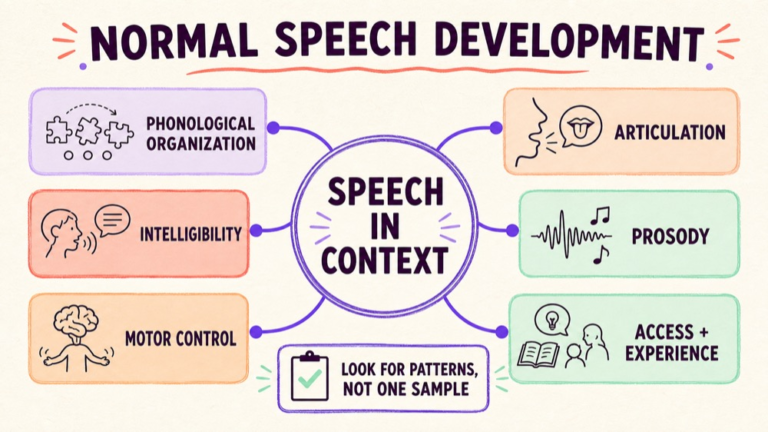 Normal speech development map connecting phonological organization, articulation, intelligibility, prosody, motor control, and access