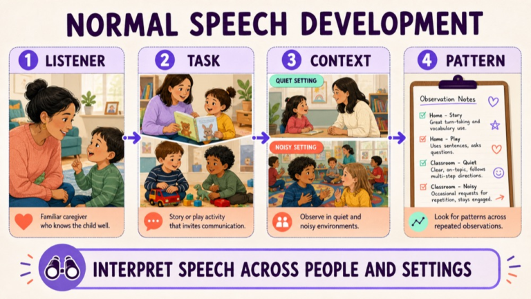 Speech development context map comparing familiar listener, unfamiliar listener, environment, and communication support