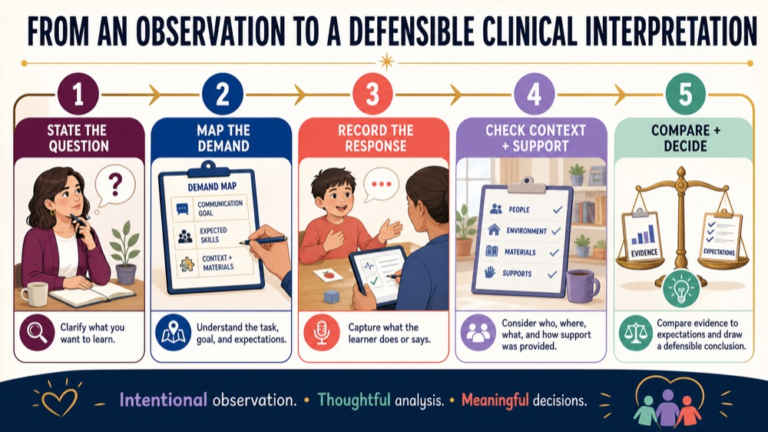 Observational assessment infographic showing the path from a recorded communication event to a defensible clinical interpretation