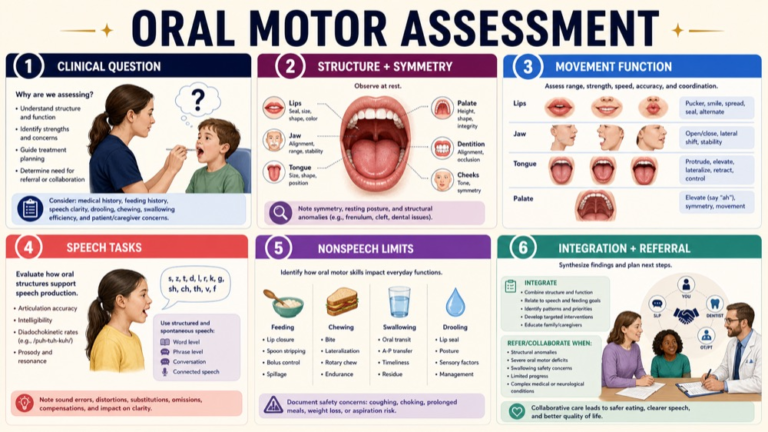 Oral motor assessment map connecting clinical question, structure, movement, speech, nonspeech limits, and integration
