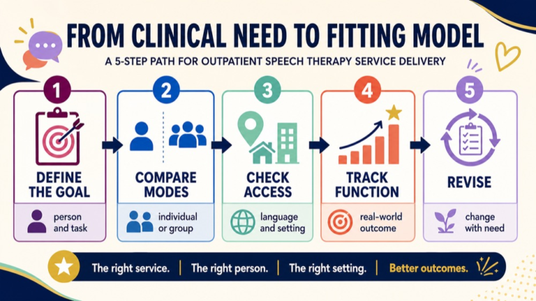 Outpatient speech therapy service delivery infographic showing the path from clinical need to a fitting service model