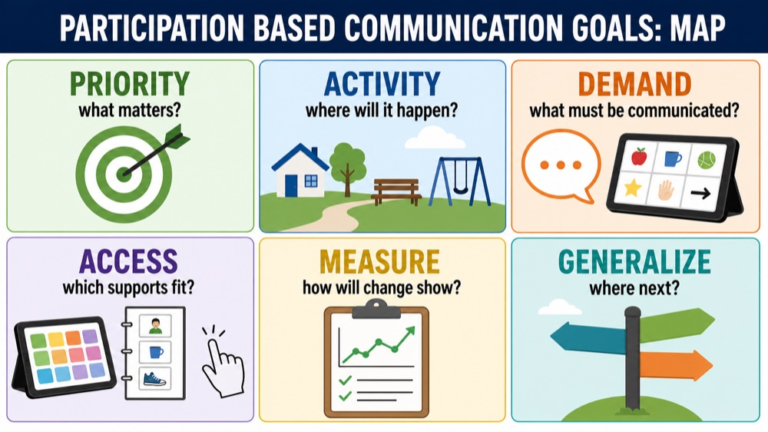 Participation based communication goals map connecting person priorities, activity, communication demand, access, environment, and measurement