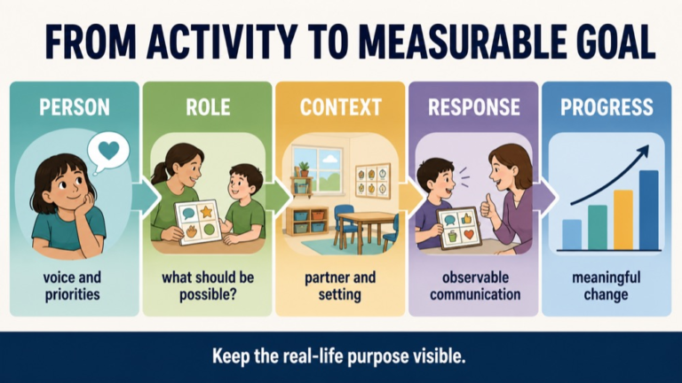 Participation goal infographic showing the path from meaningful activity to observable communication response and generalization