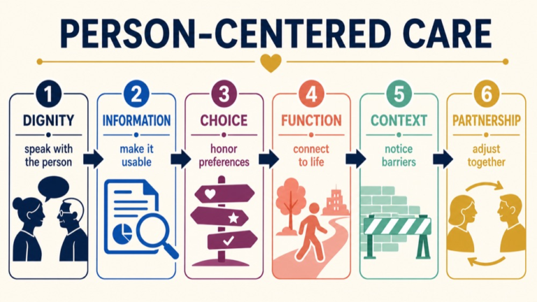 Person-centered care in speech pathology map connecting dignity, information, choice, functional goals, context, and partnership