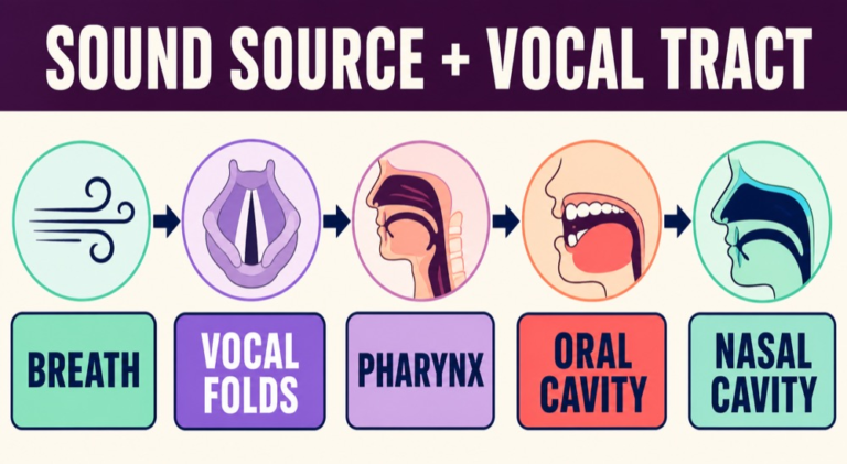 Phonation and resonance map connecting airflow, vocal-fold vibration, laryngeal valving, vocal-tract filter, and oral-nasal coupling