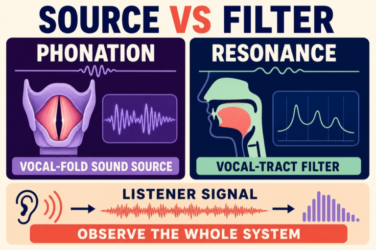 Phonation and resonance comparison showing sound source, vocal-tract filter, perceptual result, task, and evidence boundary