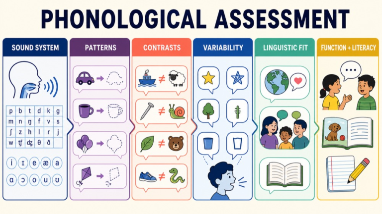 Phonological assessment map connecting sound system, patterns, contrasts, variability, linguistic fit, and literacy or function