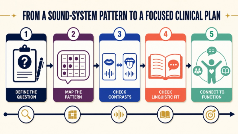 Phonological assessment infographic showing the path from a sound-system pattern to a focused clinical plan