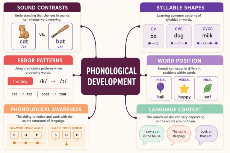 Phonological development map connecting contrasts, syllable shapes, patterns, connected speech, awareness, and context
