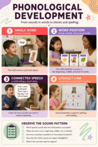 Phonological development context map comparing word position, complexity, listener, dialect, and participation