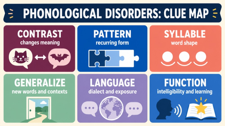 Phonological disorder map connecting contrasts, recurring patterns, syllable structure, generalization, language, and function