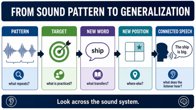 Phonological reasoning infographic comparing target word, new word, cluster, connected speech, dialect, and generalization