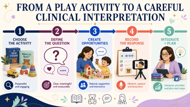 Play-based assessment infographic showing the path from a meaningful play activity to a careful clinical interpretation