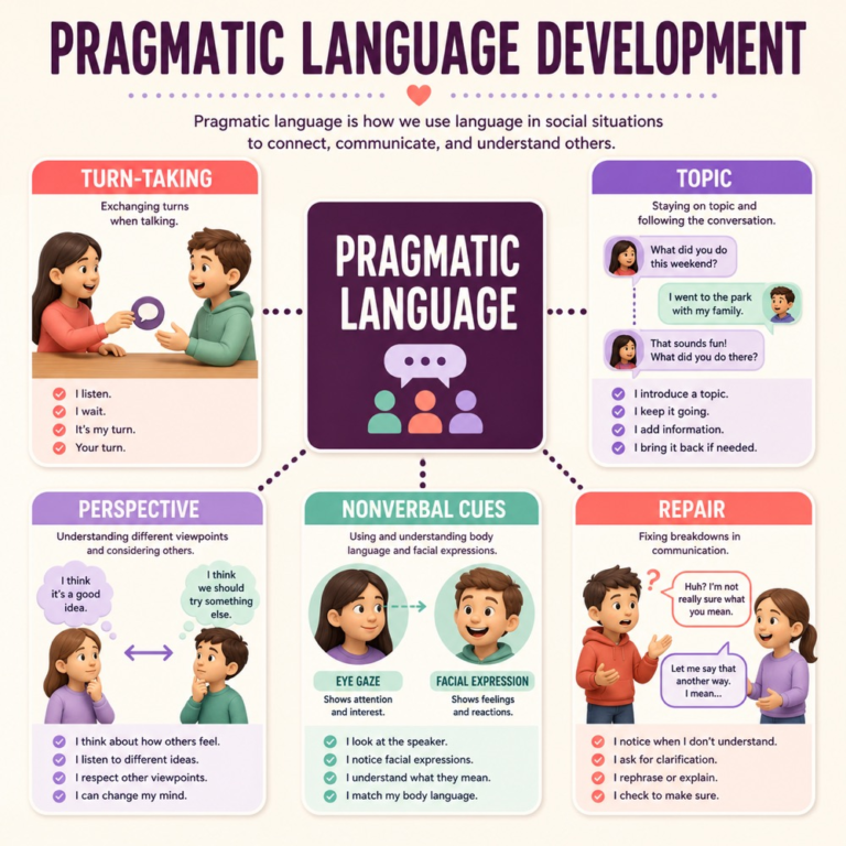 Pragmatic language development map connecting social purpose, turn-taking, perspective, repair, discourse, culture, and participation