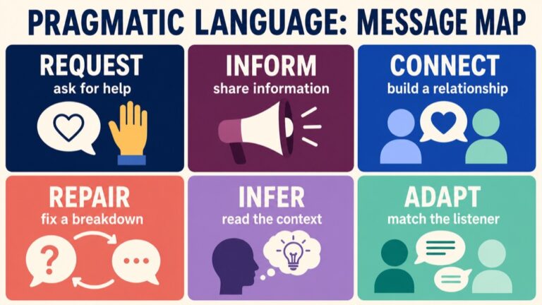 Pragmatic language disorder map connecting purpose, listener, conversation, inference, language organization, and participation