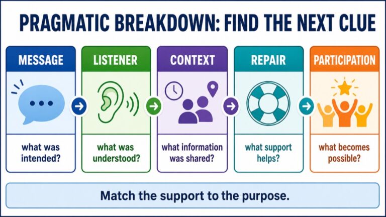 Pragmatic language reasoning infographic showing message purpose, shared context, listener needs, repair, and daily participation