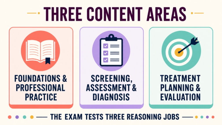 Three equal content domains on the Speech-Language Pathology Praxis 5331 exam