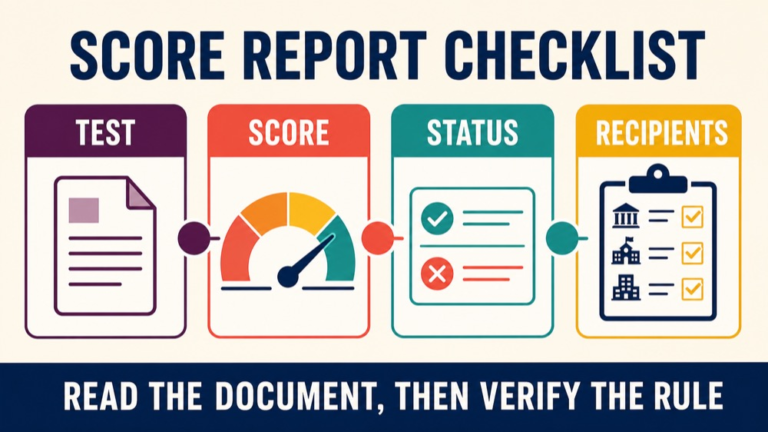 Annotated score report checklist showing the test taker name, score, pass or no-pass context, recipients, and content-category performance
