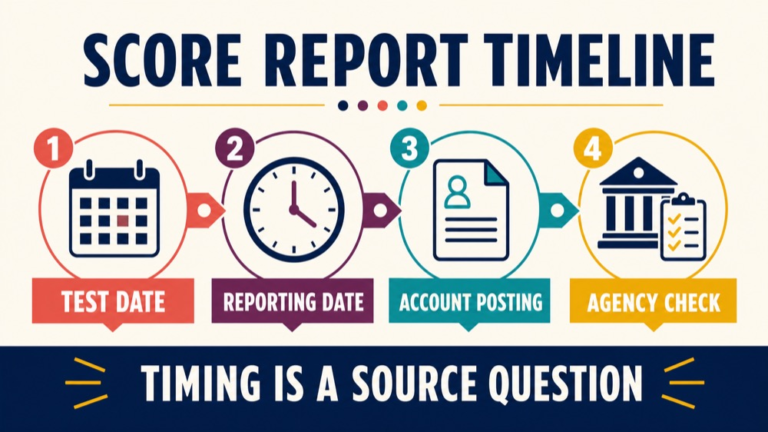 Timeline diagram showing the ETS score reporting date, account posting, and state or agency verification steps
