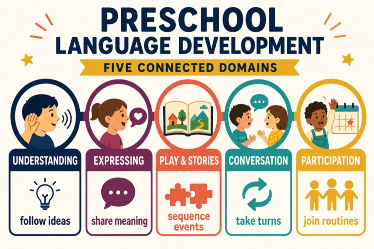 Preschool language development map connecting receptive language, expression, play, narrative, and conversation