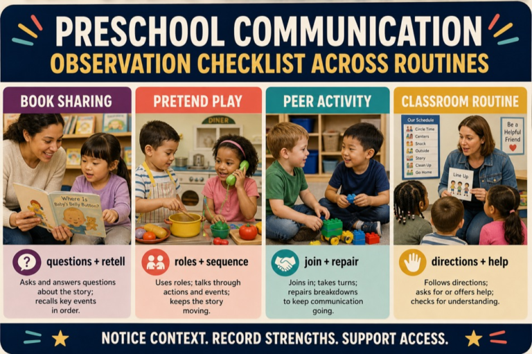 Preschool communication observation checklist showing routines, partners, supports, and participation