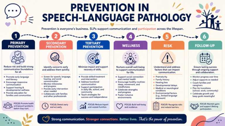 Prevention in speech-language pathology map comparing primary, secondary, tertiary, wellness, context, and follow-up