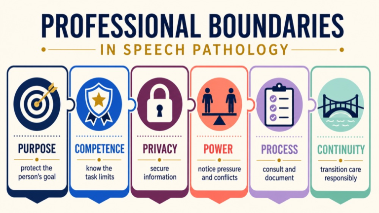 Professional boundaries in speech pathology map connecting purpose, competence, power, privacy, process, and continuity